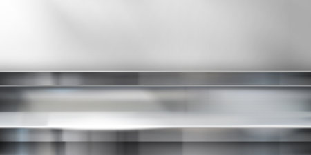 Glossy stainless steel table surface. Vector realistic illustration of abstract metal counter with light reflection, kitchen counter foreground, shiny aluminum shelf, product presentation platformのイラスト素材