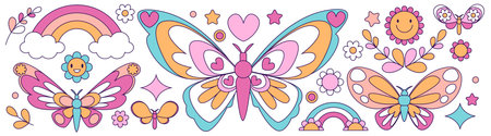 Groovy butterfly and flower graphic set with rainbow and clouds - retro vector elements in vintage style. Cheerful smiling blossoms, hearts and stars in pastel colors of nostalgic seventies aesthetic.のイラスト素材