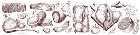Raw meat cuts sketch set with beef steak, pork pieces, chicken drumstick and vegetables. Hand drawn vector illustrations of fresh ingredients - sausages and herbs, garlic and peppers for culinary.のイラスト素材
