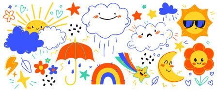 Cute weather character set with cartoon sun and moon, cloud, rainbow and rain icons for kid design. Smiling celestial elements and colorful umbrella in hand drawn doodle style. Playful childish vectorのイラスト素材