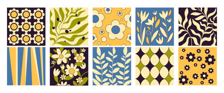 Retro y2k floral groovy pattern set with daisy flowers, leaf motifs and geometric backgrounds....
