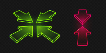 Neon arrow ui elements on dark background - green glowing directional cross with four converging pointers and pink vertical exchange symbol. Luminous interface icons in vibrant electric colors.のイラスト素材