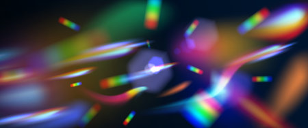 Prism light flare effect with rainbow spectrum dispersion on dark background. Optical lens...