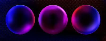 3D gradient spheres and abstract bubbles on black background. Futuristic flowing shapes blend neon colors from blue to pink and red with soft light effects. Dynamic fluid modern circular forms.のイラスト素材