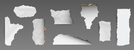 Paper with burnt and torn edges frame effect. Distressed sheet with scorched borders and ripped texture isolated on transparent. Vintage paper cutout design for grunge scrapbook or aged document.のイラスト素材