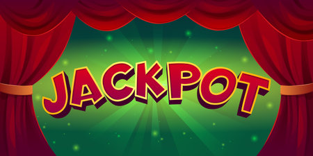Jackpot win banner with bright neon sunburst green background and open red curtain. Casino winner sign with retro light effects. Vegas style gambling reward signboard for lottery and poker games.のイラスト素材