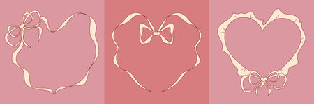 Heart frame with elegant bow and vintage lace borders in coquette pink design. Wedding inspired illustration with delicate ribbons and feminine ruffles. Hand drawn romantic sketch for valentine cardsのイラスト素材