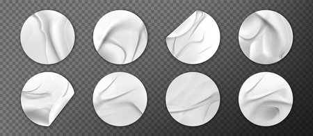 White creased sticker paper set with realistic wrinkled texture and curved edges. Round adhesive labels mockup collection on transparent background for branding or promotional material applications.のイラスト素材