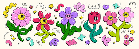 Retro groovy cartoon flower character mascots with sticker illustration style in vibrant colors. Smiling blossoms on green stems with decorative doodles, stars and abstract shapes for playful design.のイラスト素材