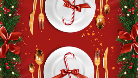 Christmas plate settings with candy canes and golden cutlery for festive dining. White dishes with red bows, pine branches, berries and confetti - holiday table arrangement for seasonal feast or partyのイラスト素材
