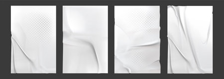 Empty glued paper sheets set on transparent background. Vector realistic illustration of abstract white fabric with wrinkled surface, crumpled blank announcement on wall, cloth crease texture overlayのイラスト素材