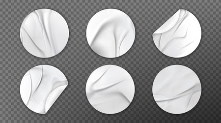 Glued round stickers set isolated on transparent background. Vector realistic illustration of empty patches with wrinkled surface and peeled edges, blank sale label, crumpled price tag, crease textureのイラスト素材