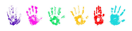 Colorful palm handprint collection with vibrant paint impressions and textured details. distinct marks in rainbow colors with finger patterns and organic brush like ornament on white background.のイラスト素材