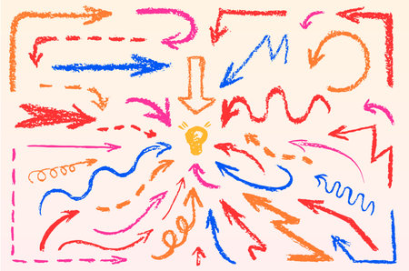 Hand drawn crayon arrow collection - chalk style lines with textured brush strokes. Vector sketchy...