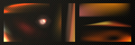 Film light leak flare effect overlay set with old photo filter texture on transparent background. Vintage analog camera artifacts and orange glow streaks for retro photography or nostalgic design.のイラスト素材