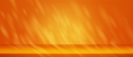 Gradient orange studio background with warm sunlight and soft shadow effect for product display. Empty 3d platform scene with limbo in golden yellow tones and natural illumination atmosphere.のイラスト素材