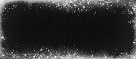 Frozen ice frame isolated on transparent background. Vector realistic illustration of winter frost border for holiday card or Christmas party banner decoration, frosty snowflakes pattern overlayのイラスト素材