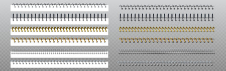Spiral ring binder elements with metallic coils in silver and gold colors. Horizontal notebook binding shown on transparent background for stationery mockups or realistic document presentations.のイラスト素材