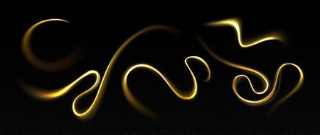 Twirl gold light streams with magical glow effects on dark transparent background. Elegant swirling energy patterns and golden sparkles. Abstract design with luminous curves and flowing particles.のイラスト素材