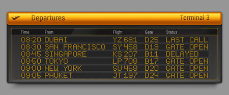 Flight departure schedule on airport board. Vector realistic digital panel with travel information, plane boarding, delay time, destination info on LED screen, terminal timetable, airline serviceのイラスト素材