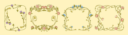 Art nouveau floral frame with elegant vintage border design. Decorative botanical ornaments with intricate leaves, roses and flowing vine patterns. Victorian style flourishes and ornate foliage.のイラスト素材