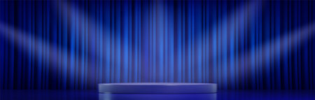 Award winning blue podium design with spotlights and dramatic curtain background staging. 3D luxury dark platform with light effects. Stage setup for ceremony presentations and winner showcases.のイラスト素材