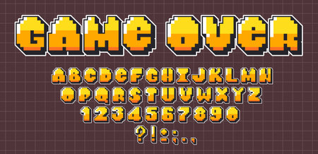 Retro pixel font set isolated on computer screen background. Vector cartoon illustration of geometric English ABC letters, numbers, punctuation signs, arcade game display, 8-bit text design elementsのイラスト素材