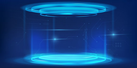 High tech data podium with AI hologram effects and blue portal. Modern 3D platform with digital interface elements and tech lighting. Futuristic stage design in virtual reality, cyberpunk aestheticsのイラスト素材