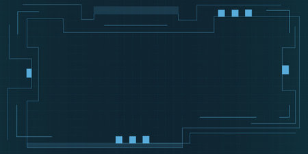 Abstract futuristic HUD frame on grid background. Vector realistic computer system interface with neon blue lines, blank radar screen, virtual network ui, hi tech infographic box, data scan windowのイラスト素材