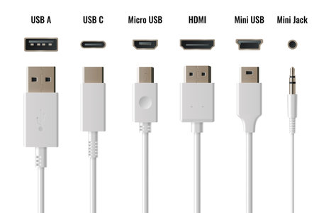 Mobile phone chargers and ports set isolated on white background. Vector realistic illustration of...