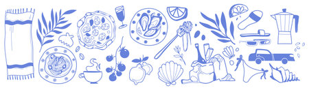 Italian summer beach doodle set with Amalfi sea elements - sketch vector collection of pasta dishes and coffee cups, citrus slices and leaves, seashells and coastal symbols in blue outline style.のイラスト素材