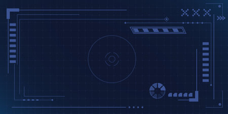 HUD frame UI tech design for cyberpunk game interface. Futuristic screen overlay with digital elements and holographic borders. Modern technology display for sci fi gaming, VR applications and space.のイラスト素材