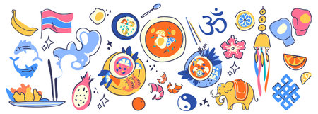 Thailand culture and tourism doodle collection with traditional food bowls, elephant and Om symbol,...