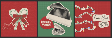 Retro Christmas collage set with halftone paper cutout art - candy canes tied by ribbon and bow, Santa hat and mouth with speech bubble on green background, garland lights with New Year 2026 note.のイラスト素材