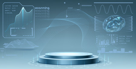 Futuristic science lab with round podium and brain hologram. Vector realistic illustration of sci-fi medical laboratory, data scanning diagrams and charts in neon blue HUD frames, smart AI technologyのイラスト素材