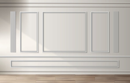 Classic wood panel for Victorian interior design. Vector realistic illustration of white vintage wall with molding frames and soft light shadow, natural oak floor, luxury home, elegant room decorationのイラスト素材