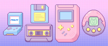 Y2k pixel gadget sticker set with retro 2000s electronics - handheld console and floppy disk,...