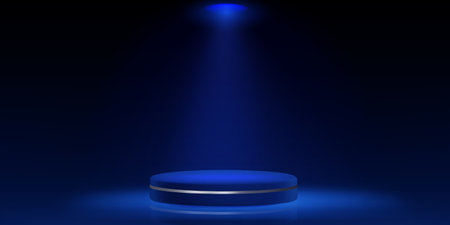 Blue round podium stage with spotlight rays, dramatic lighting on dark background. 3D studio platform for award presentation or product display. Circular glowing scene with atmospheric light beams.のイラスト素材
