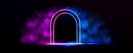 Glowing neon portal arch with blue and purple light and smoke fog. Futuristic door frame with LED border and electric glow effect on black background with water surface for game or club stage displayのイラスト素材