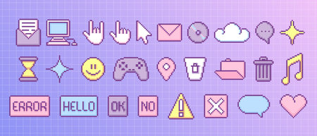 Y2k retro pixel game icons in cute style - computer and hand cursors, mail envelope and CD, cloud...