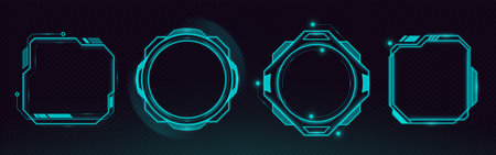 Futuristic HUD frames set isolated on transparent background. Vector realistic illustration of neon high tech game borders, cyberpunk ui design elements, hologram data boxes, virtual reality screenのイラスト素材