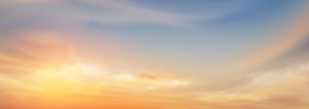 Beautiful sky gradient with soft clouds at sunset. Pastel blue and orange hues blend across horizon. dramatic Backdrop for nature scene landscape with golden sunlight and peaceful twilight colors.のイラスト素材