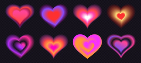 Neon blur heart stickers in y2k gradient style - pink and purple, orange and soft red shapes glowing abstract on transparent background. Romantic symbol overlay set for valentine designs, social mediaのイラスト素材
