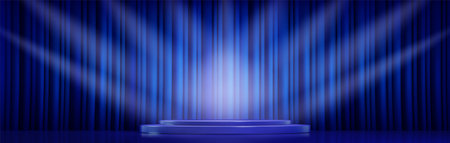 Award winning blue podium design with spotlights and dramatic curtain background staging. 3D luxury dark platform with light effects. Stage setup for ceremony presentations and winner showcases.のイラスト素材