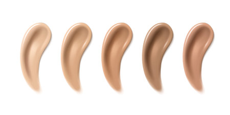 Makeup foundation swatches set isolated on white background. Vector realistic illustration of natural skin color BB cream strokes, light beige and dark tone concealer drops, cosmetic smudge textureのイラスト素材