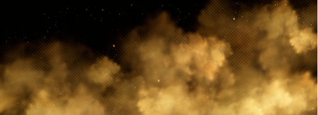 Yellow smoke clouds with sparks flying in air. Vector realistic illustration of transparent mist...
