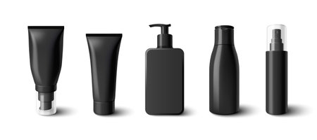 Skincare cosmetic bottles set isolated on white background. Vector realistic illustration of black 3d tube and pump containers for shampoo, serum, cream, beauty care products, blank plastic containersのイラスト素材