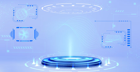 Hologram tech podium with neon light portal effect on futuristic blue background. 3D digital stage platform with glowing HUD data display and cyberpunk game interface elements for product presentationのイラスト素材