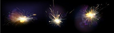 Abstract yellow fire sparks set isolated on black background. Vector realistic illustration, firework sparkler effect, welding machine light flare and smoke, holiday celebration flash, explosion flameのイラスト素材