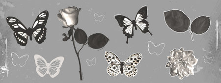 Photocopy butterfly and flowers collage with vintage grunge retro y2k elements on textured poster background. Black and white silhouettes of rose, dahlia blooms and insects in distressed art style.のイラスト素材